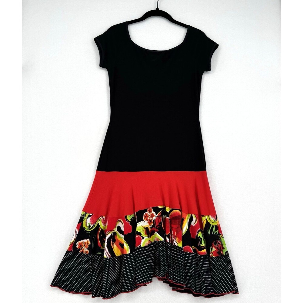 Vintage 90s Joseph Ribkoff Dress Size 6 Black Red Floral Polka Dot Tiered Midi